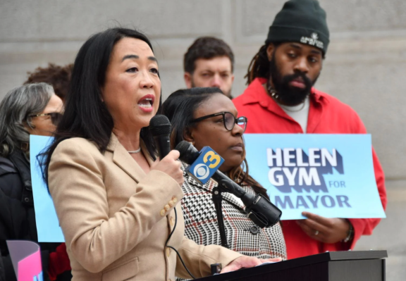 Helen Gym speaks at outdoor podium