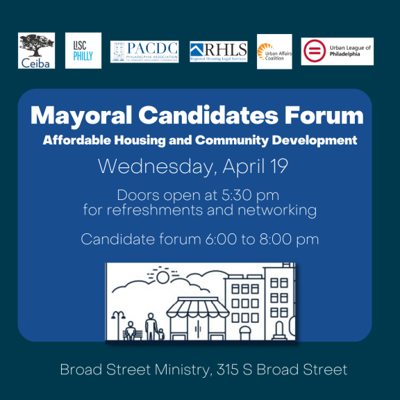 Flyer for Mayoral Candidates Forum on affordable housing and community development