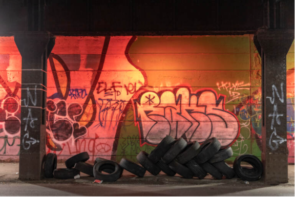 Tires left in an underpass on Belgrade Street in North Philadelphia