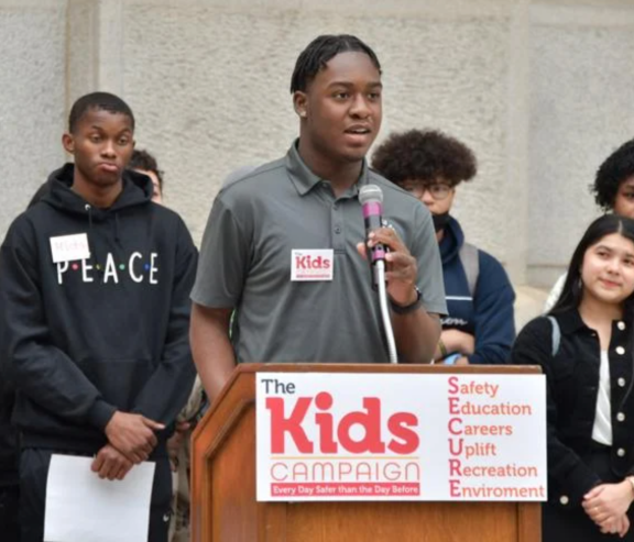 Damani Morgan speaking at the Children First news conference outside of City Hall
