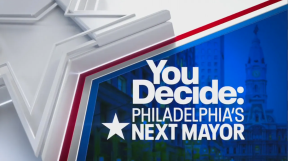 Photo of city hall with overlay test saying You Decide: Philadelphia's Next Mayor