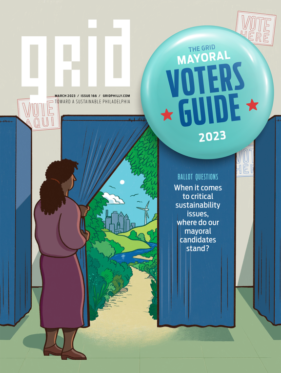 Graphic of woman pulling back curtain of voting booth to find a river, trees, fields and wind turbine