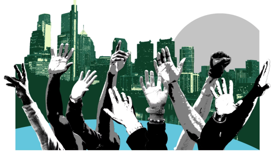 Graphic of multiple reaching hands and fists in front of the Philadelphia skyline