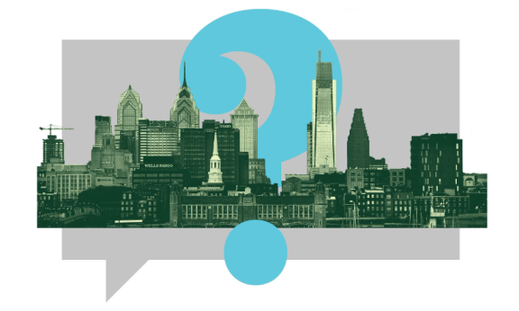 Philadelphia skyline with blue question mark