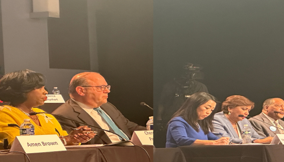 Philly democratic mayoral candidates Cherelle Parker, Allan Domb, Helen Gym, Maria Quiñones Sánchez, and James DeLeon