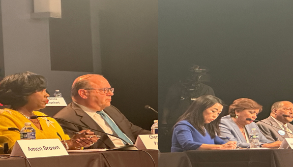 Philly democratic mayoral candidates Cherelle Parker, Allan Domb, Helen Gym, Maria Quiñones Sánchez, and James DeLeon