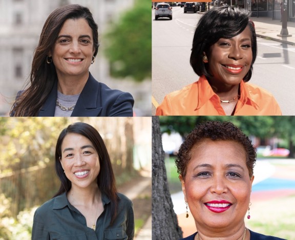 Headshots of Rebecca Rhynhart, Cherelle Parker, Maria Quiñones-Sánchez, and Helen Gym