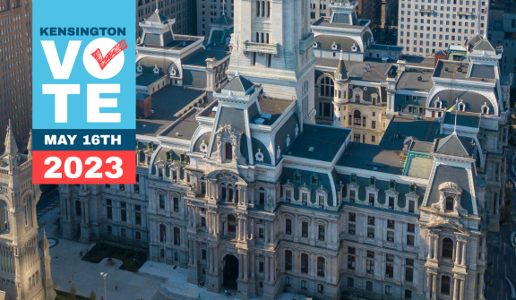 Aerial shot of city hall overlaid with a Vote graphic