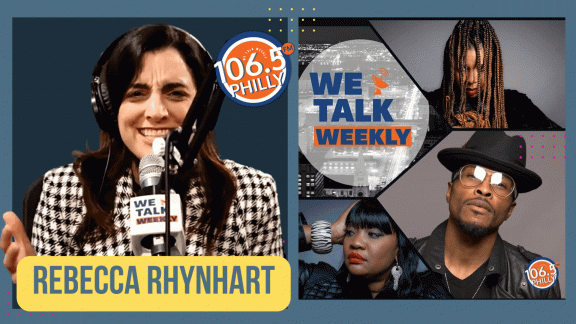 Collage of Rebecca Rhynhart in front of a radio mic with headphones and headshots of We Talk Weekly hosts