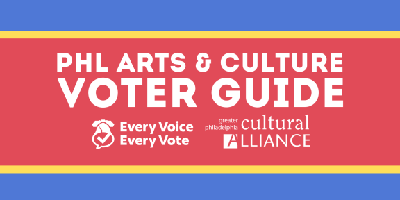Red, yellow, and blue cover graphic for the arts & culture voter guide