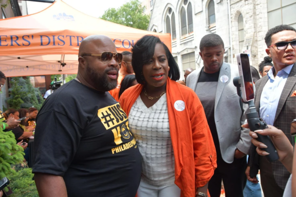 Ryan Boyer, president of Building Trades Council of Philadelphia, with Democratic mayoral candidate Cherelle Parker on Tuesday at South Restaurant and Jazz Club