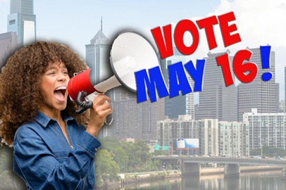 Woman holding megaphone in front of city skyline with Vote May 16 text overlaid