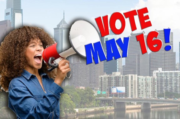 Woman holding megaphone in front of city skyline with Vote May 16 text  overlaid