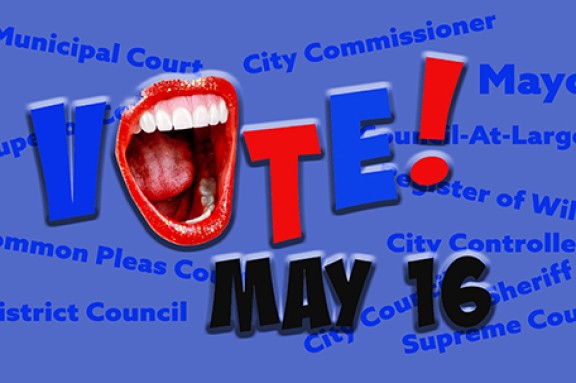 Text saying Vote! May 16, with open mouth in place of the O in Vote