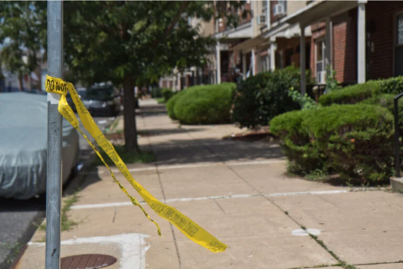 Remnants of crime scene tape on Brown Street in North Philadelphia
