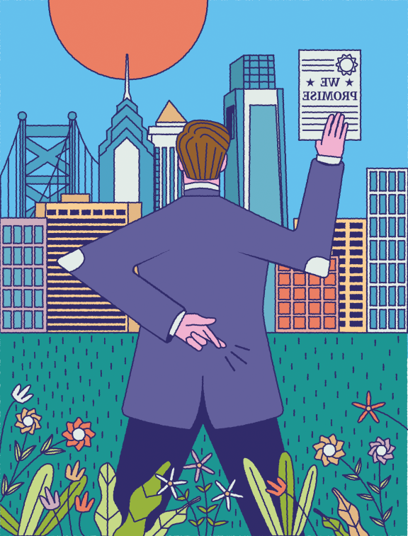 Illustration of the back of a public official who is facing the Philadelphia skyline and crossing his fingers while holding up a paper saying "we promise" 