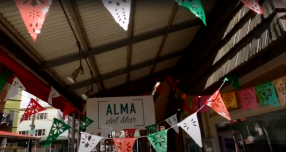 A sign reading Alma among red, green, and white flags