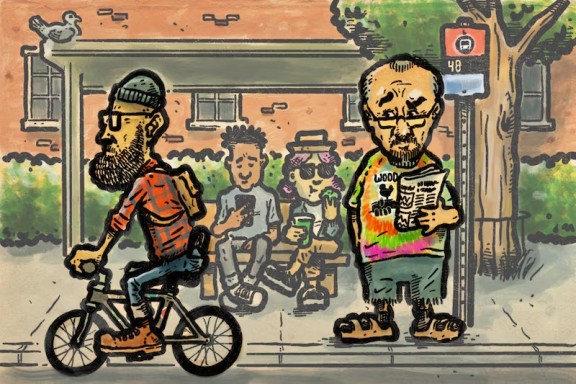 Illustration of millennial men at a bus stop
