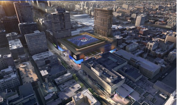 An aerial rendering of the proposed 76 Place arena site.