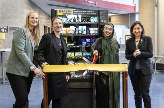 From left, Kelly Lake, Melissa Fogg, student Asalah Ibrahim, and Councilmember Rue Landau at the 'Health Jawn' ribbon-cutting ceremony on Jan. 21 at the Community College of Philadelphia.