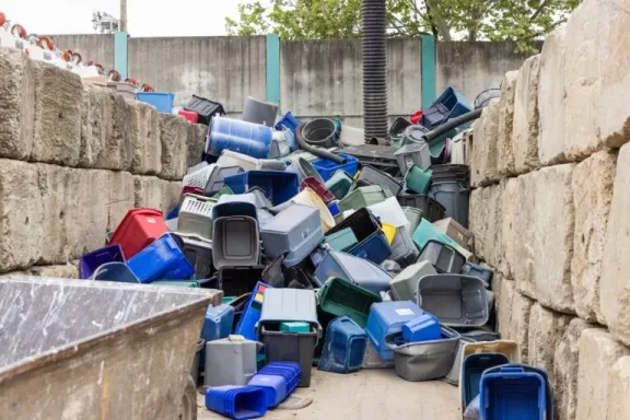 Common items like bins can be recycled at the Burns Material Recovery Facility in Philadelphia. (Kimberly Paynter/WHYY)