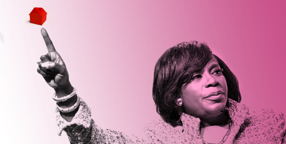 Photo illustration of Mayor Cherelle Parker pointing right hand up to a small, illustrated house 