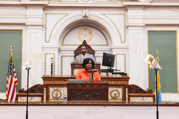 Philadelphia Mayor Cherelle Parker at City Hall, with City Council president Kenyatta Johnson in her background