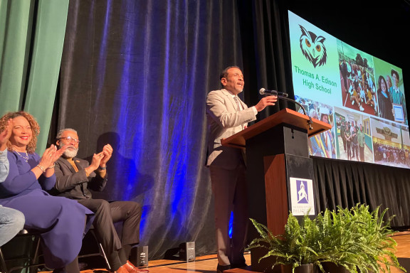Philadelphia Superintendent Tony Watlington, right, gives his State of Schools address on Wednesday, Jan. 7, 2026 at Thomas Edison High School in Philadelphia. 