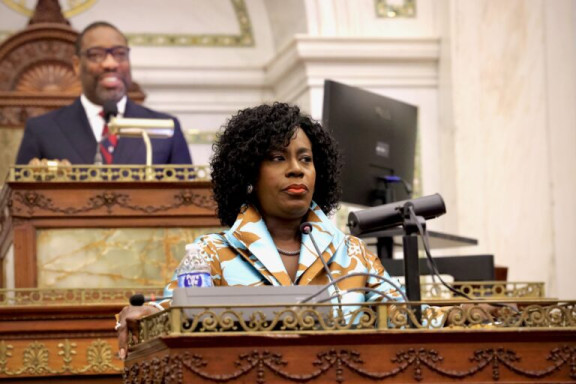 Philadelphia Mayor Cherelle Parker delivers her budget address to City Council on March 12, 2026. (Emma Lee/WHYY)