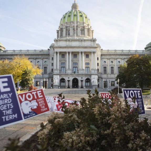 Voting signs in front of Pennsylvania state capitol building