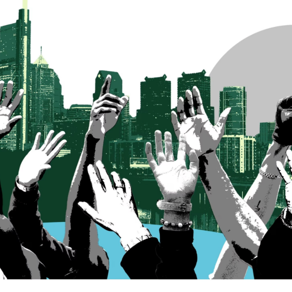 Graphic of multiple reaching hands and fists in front of the Philadelphia skyline