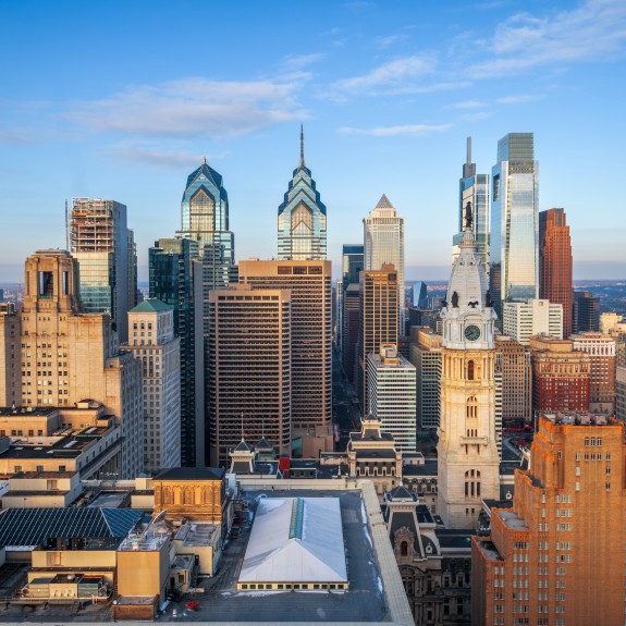 Philadelphia, Pennsylvania, USA downtown city skyline at dusk.