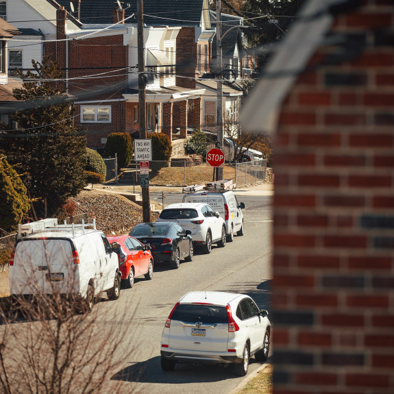 An aerial view from a rooftop on Magee Avenue in the Cheltenham neighborhood of Philadelphia, Pennsylvania, United States February 22, 2025