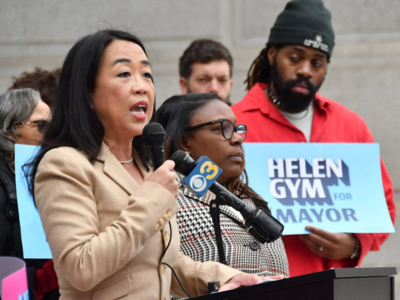 Helen Gym speaks at outdoor podium