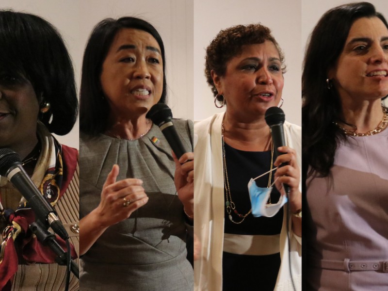 Cherelle Parker, Helen Gym, Maria Quiñones Sánchez, and Rebecca Rhynhart holding microphones