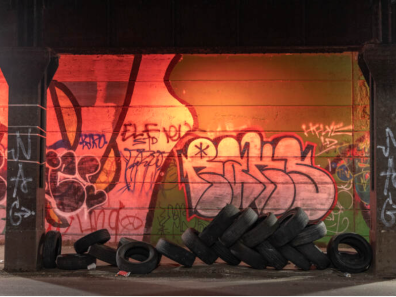 Tires left in an underpass on Belgrade Street in North Philadelphia