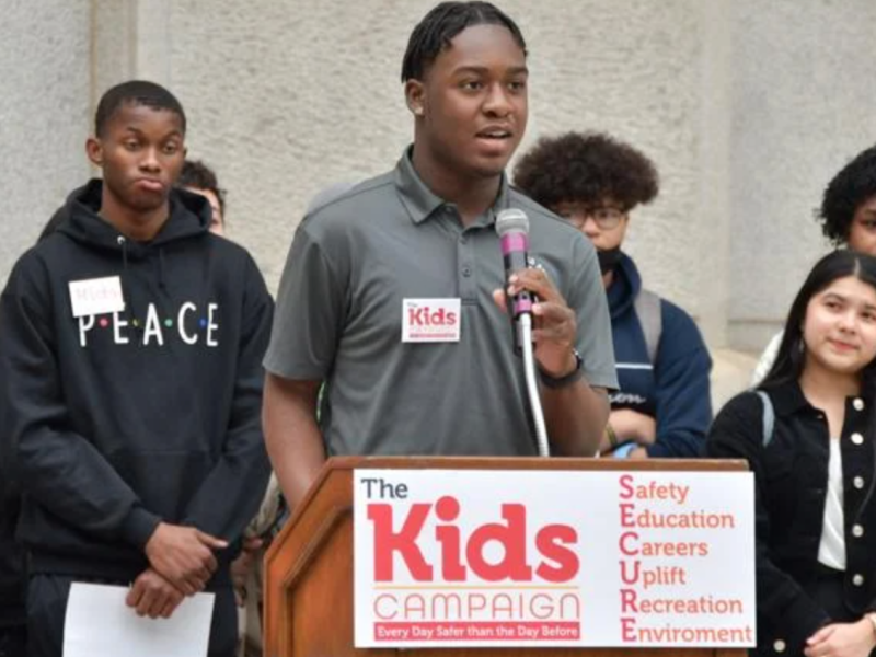 Damani Morgan speaking at the Children First news conference outside of City Hall