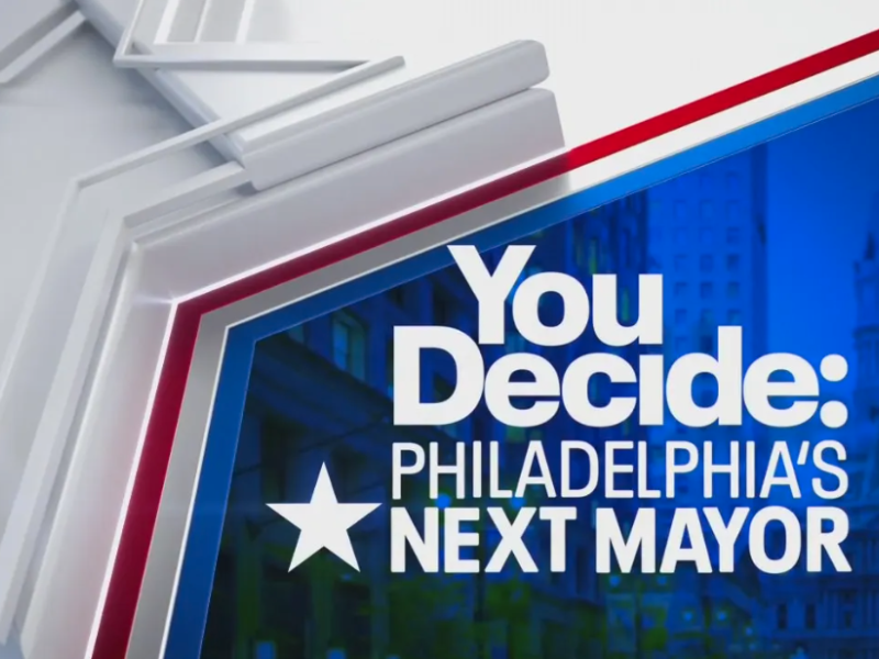 Photo of city hall with overlay test saying You Decide: Philadelphia's Next Mayor