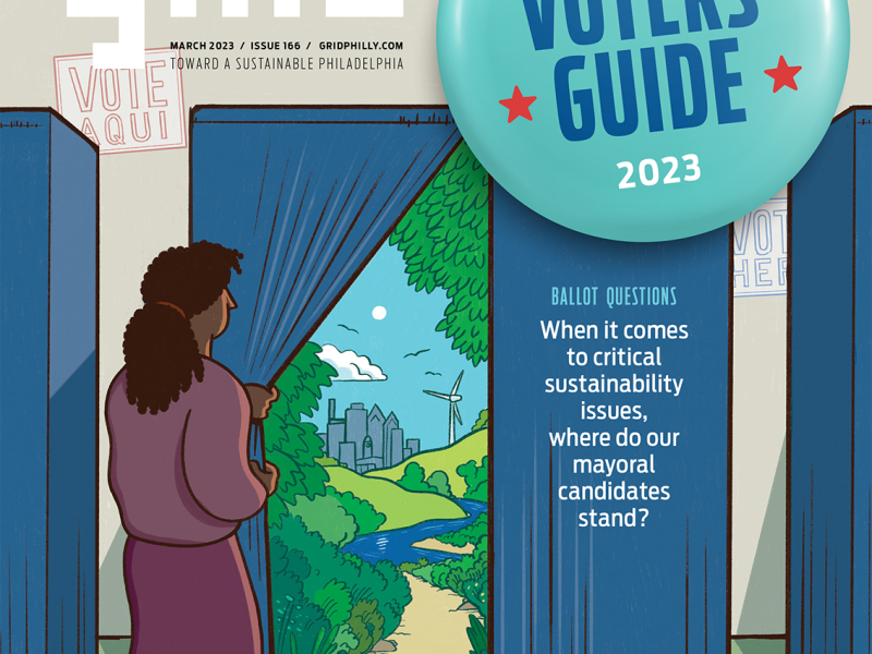 Graphic of woman pulling back curtain of voting booth to find a river, trees, fields and wind turbine