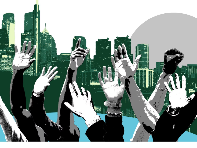 Graphic of multiple reaching hands and fists in front of the Philadelphia skyline