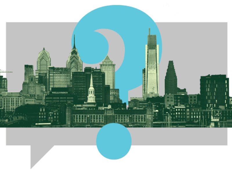 Philadelphia skyline with blue question mark