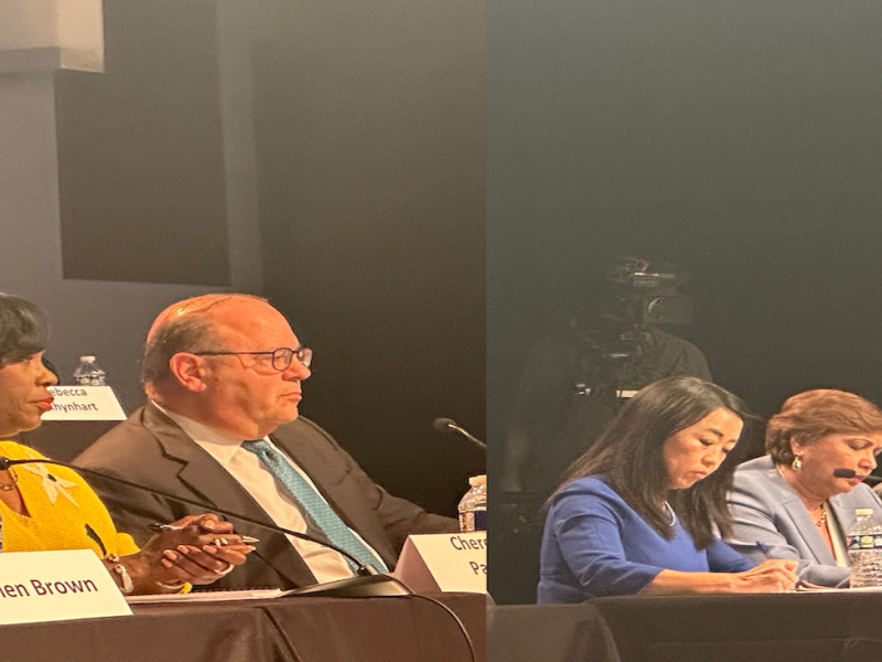 Philly democratic mayoral candidates Cherelle Parker, Allan Domb, Helen Gym, Maria Quiñones Sánchez, and James DeLeon