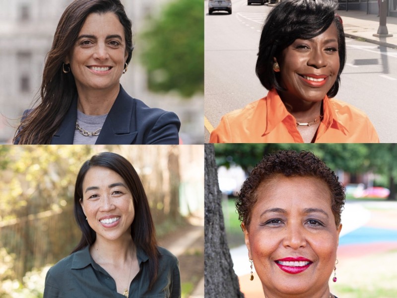 Headshots of Rebecca Rhynhart, Cherelle Parker, Maria Quiñones-Sánchez, and Helen Gym