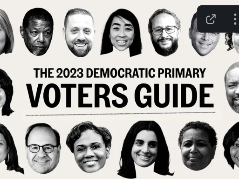 Collage of candidate faces surrounding article title The 2023 Democratic Primary Voters Guide