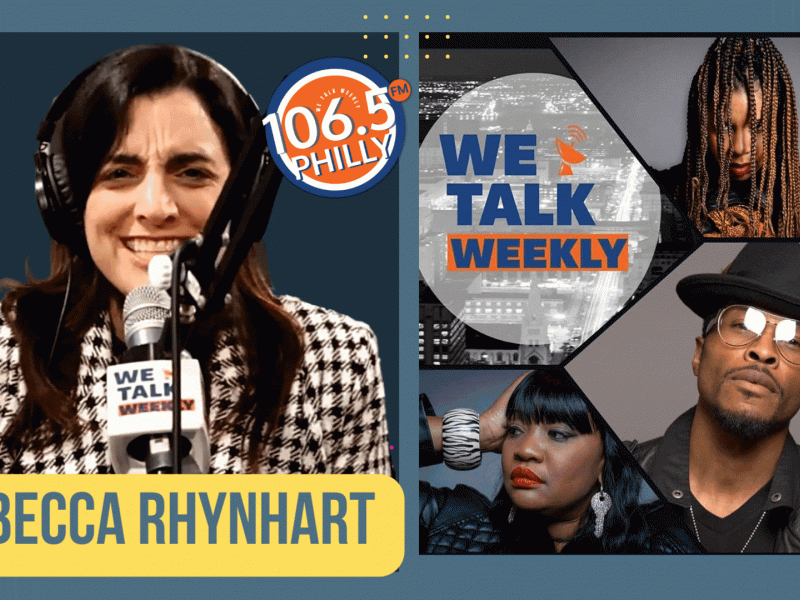 Collage of Rebecca Rhynhart in front of a radio mic with headphones and headshots of We Talk Weekly hosts