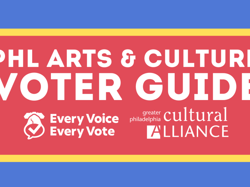 Red, yellow, and blue cover graphic for the arts & culture voter guide