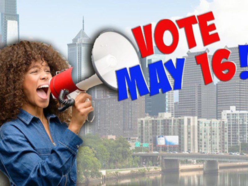Woman holding megaphone in front of city skyline with Vote May 16 text  overlaid