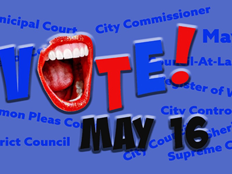 Text saying Vote! May 16, with open mouth in place of the O in Vote