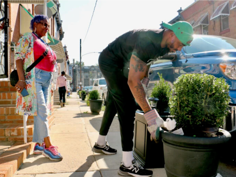 Gary Hill delivers planters on Taylor Street in North Philadelphia