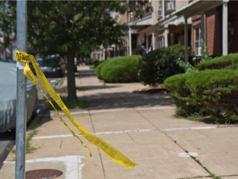 Remnants of crime scene tape on Brown Street in North Philadelphia 